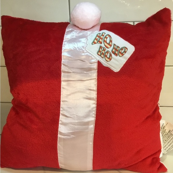 Christmas Pillow in a Bow Tie Package Red and Pink Bows and Pink Pom Pom NWT - Picture 2 of 2